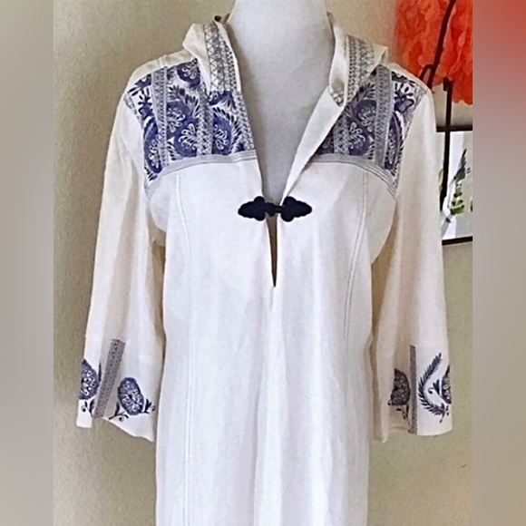 🌀Soft Surroundings Boho Embroidered Hooded Linen 3/4 Sleeves Caftan Maxi Sz M - Picture 3 of 9